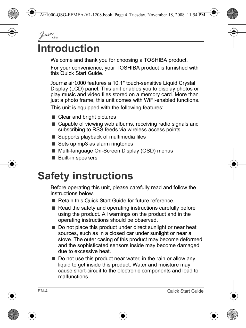 Introduction, Safety instructions | Toshiba JournE Air1000 User Manual | Page 4 / 302