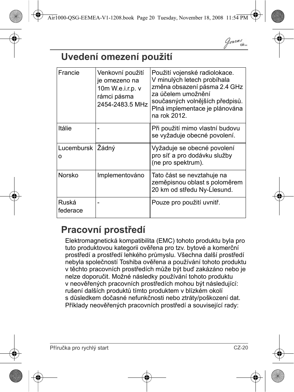 Uvedení omezení použití pracovní prostředí | Toshiba JournE Air1000 User Manual | Page 43 / 302