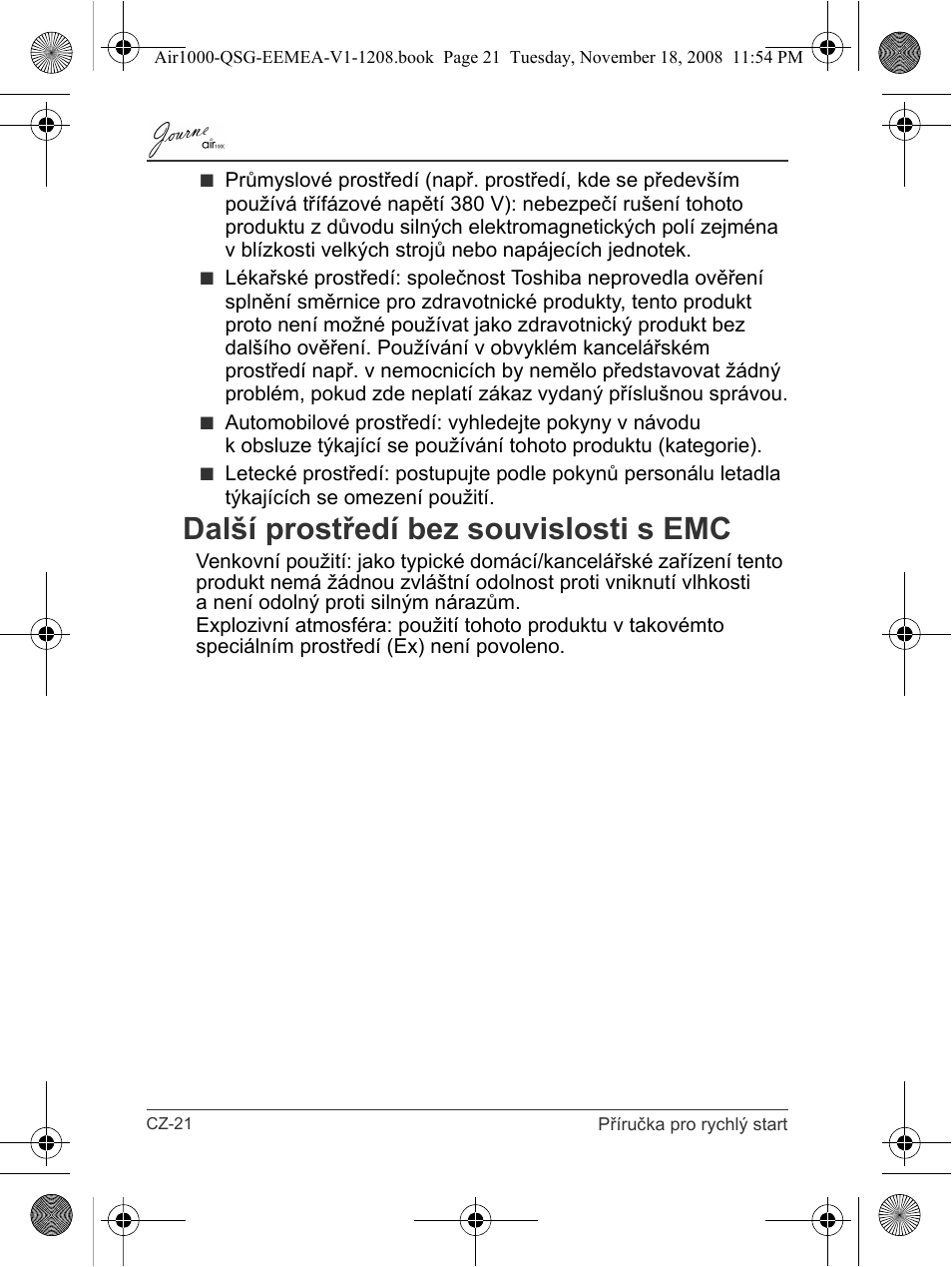 Další prostředí bez souvislosti s emc | Toshiba JournE Air1000 User Manual | Page 44 / 302