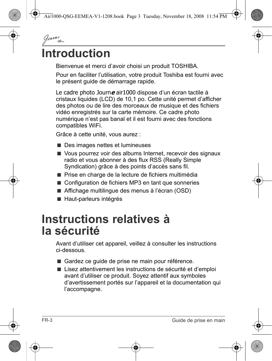 Introduction, Instructions relatives à la sécurité | Toshiba JournE Air1000 User Manual | Page 48 / 302