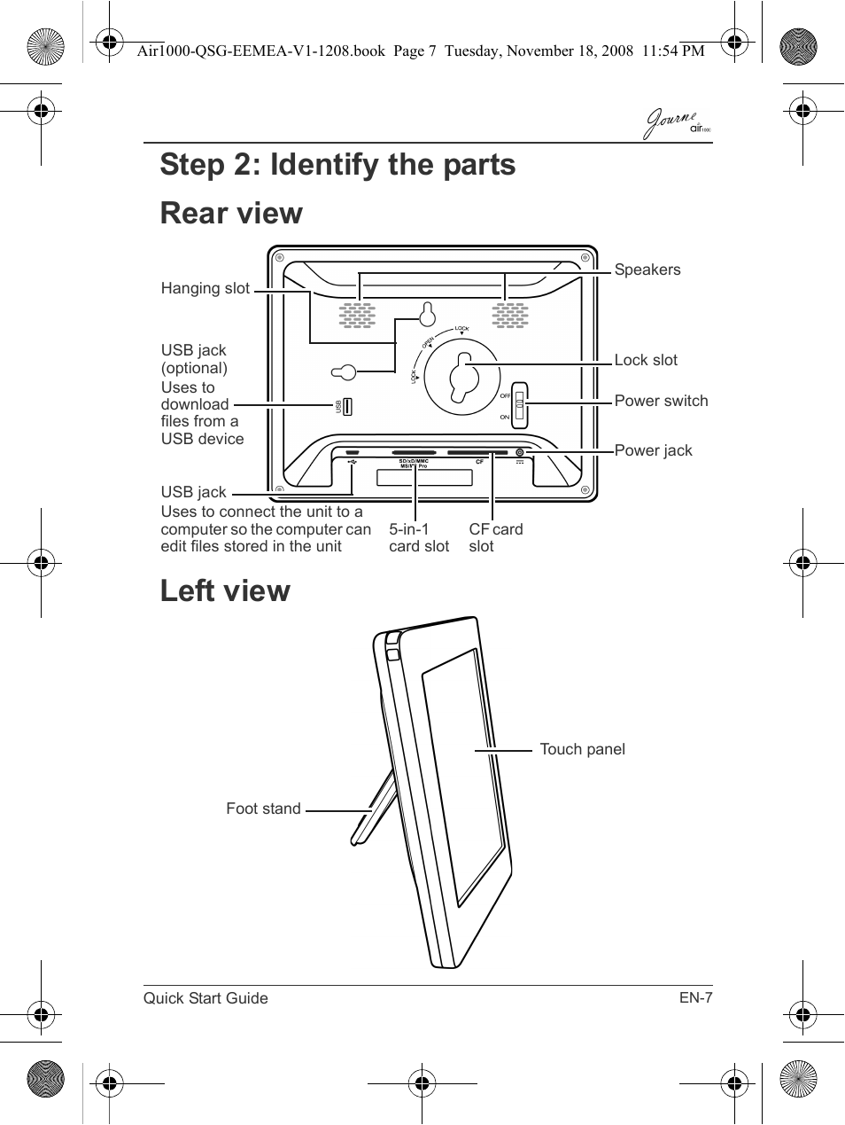 Step 2: identify the parts rear view left view | Toshiba JournE Air1000 User Manual | Page 7 / 302