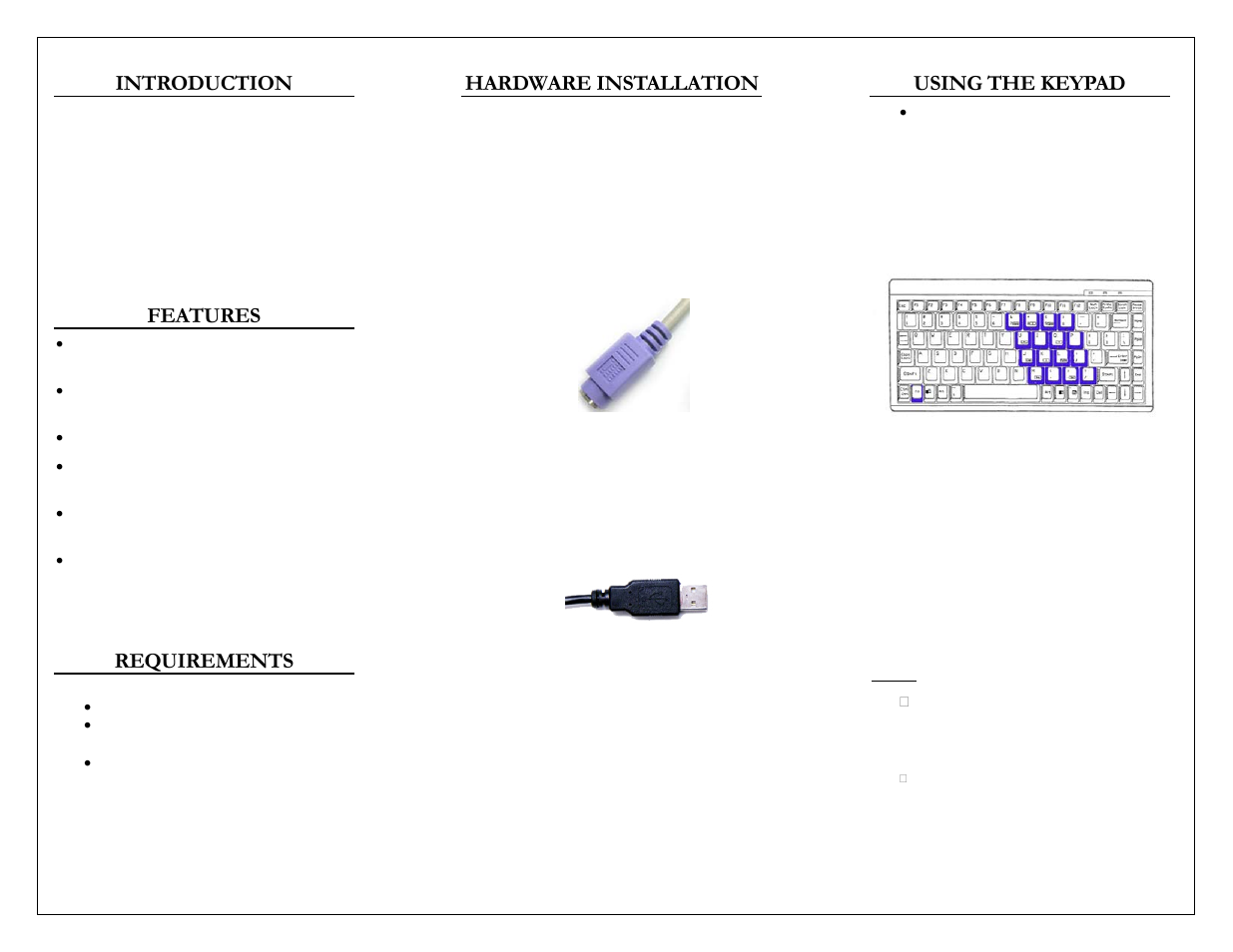 Introduction, Features, Requirements | Hardware installation, Using the keypad | Adesso ACK-595 User Manual | Page 2 / 2