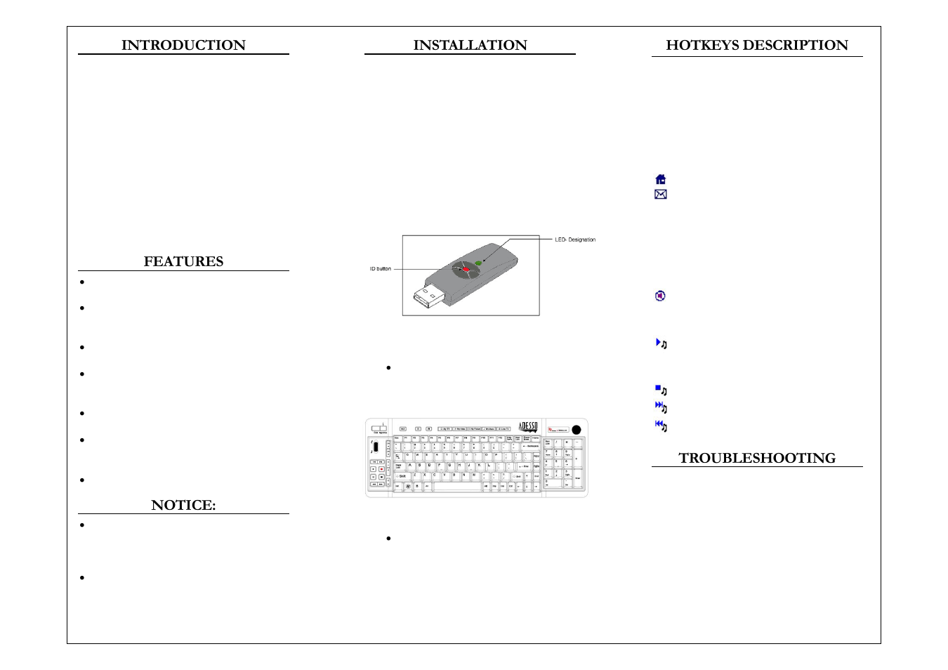 Introduction, Features, Notice | Installation, Hotkeys description, Troubleshooting | Adesso WKB-3200UB User Manual | Page 2 / 3