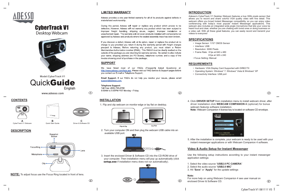 Adesso V1 User Manual | 1 page