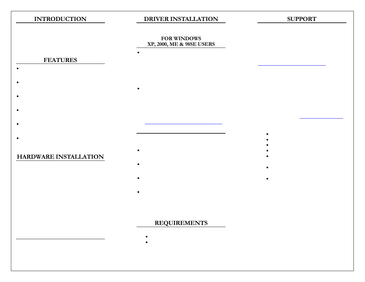 Introduction, Features, Hardware installation | Driver installation, For windows xp, 2000, me & 98se users, Requirements, Support | Adesso ACK-540U User Manual | Page 2 / 2