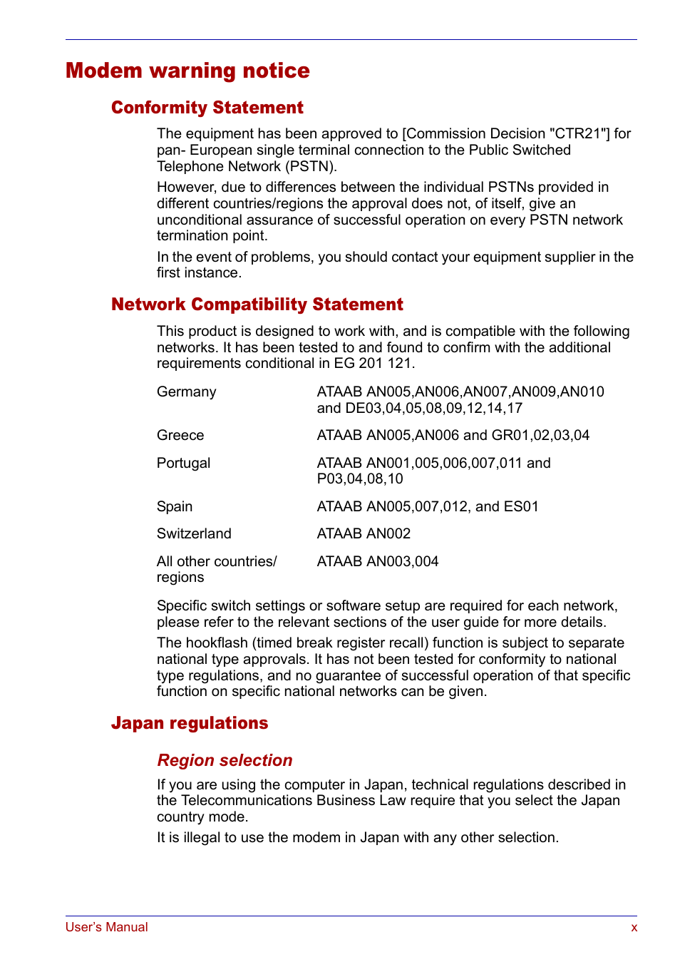 Modem warning notice, Conformity statement, Network compatibility statement | Japan regulations | Toshiba Satellite P30 User Manual | Page 10 / 165