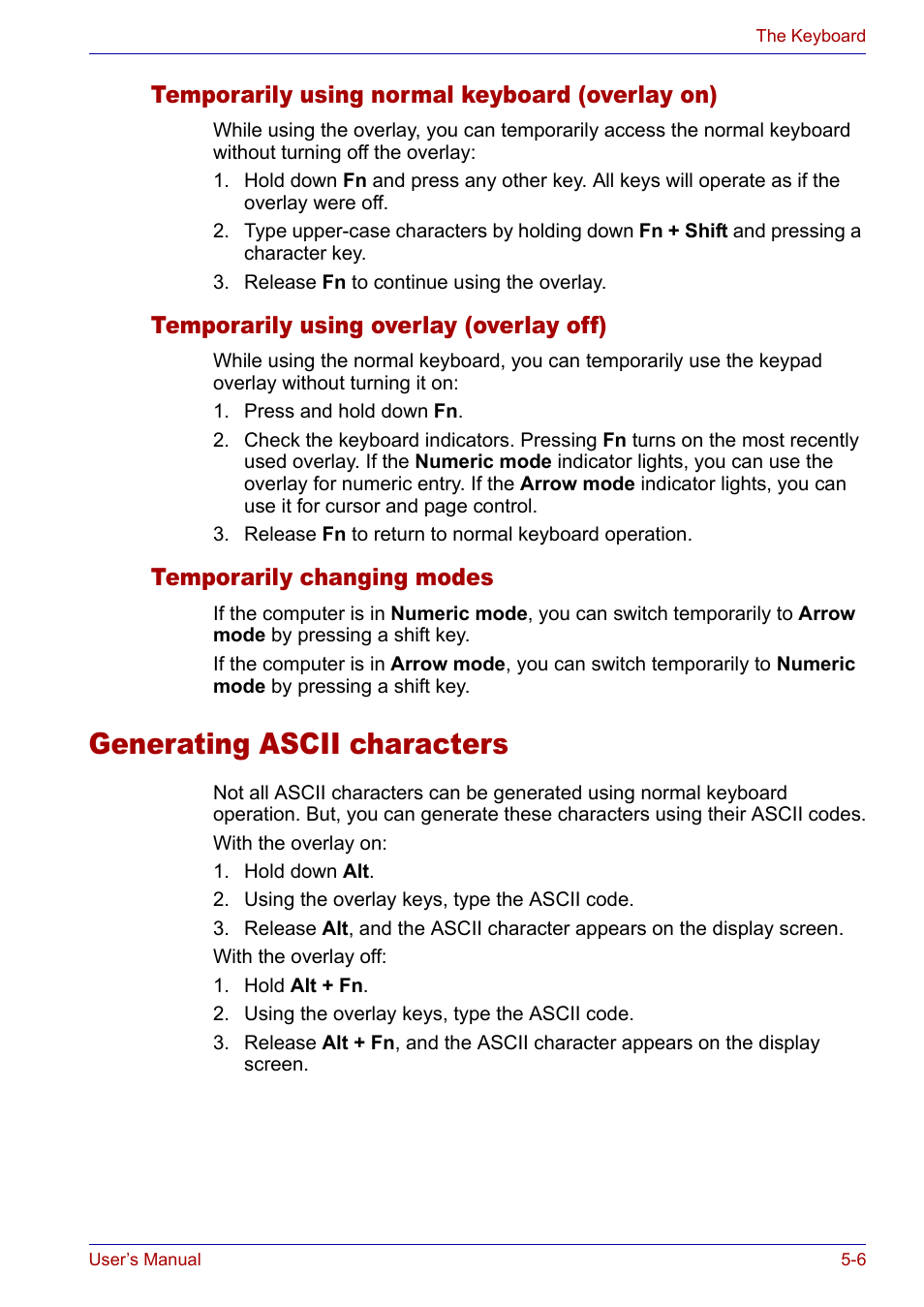 Temporarily using normal keyboard (overlay on), Temporarily using overlay (overlay off), Temporarily changing modes | Generating ascii characters, Generating ascii characters -6 | Toshiba Satellite P30 User Manual | Page 100 / 165