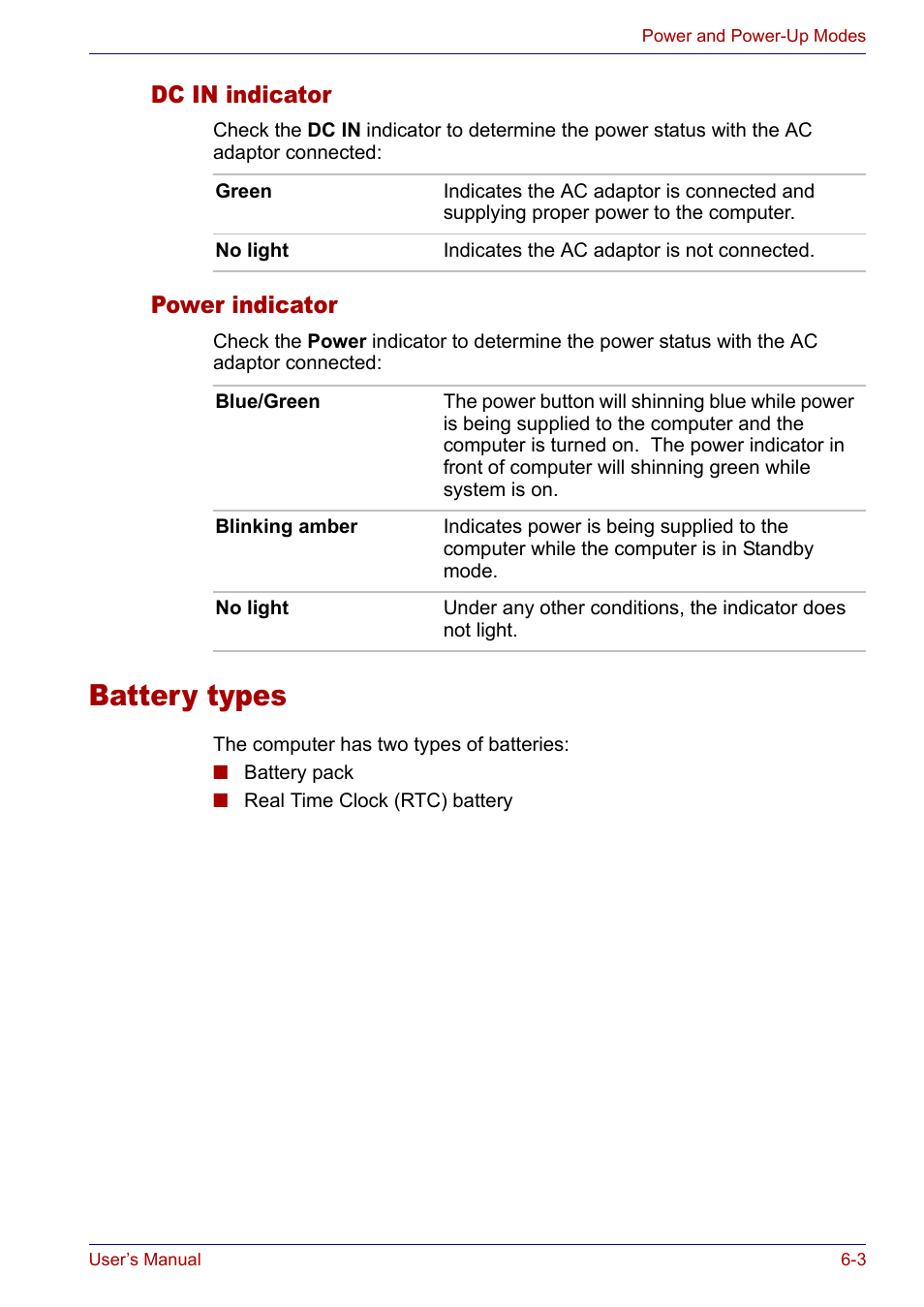 Dc in indicator, Power indicator, Battery types | Dc in indicator -3 power indicator -3, Battery types -3 | Toshiba Satellite P30 User Manual | Page 103 / 165