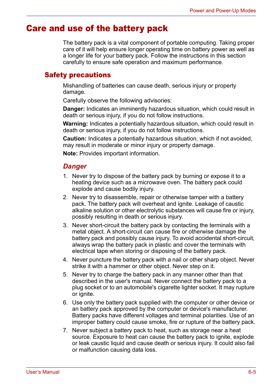 Care and use of the battery pack, Safety precautions, Care and use of the battery pack -5 | Safety precautions -5 | Toshiba Satellite P30 User Manual | Page 105 / 165