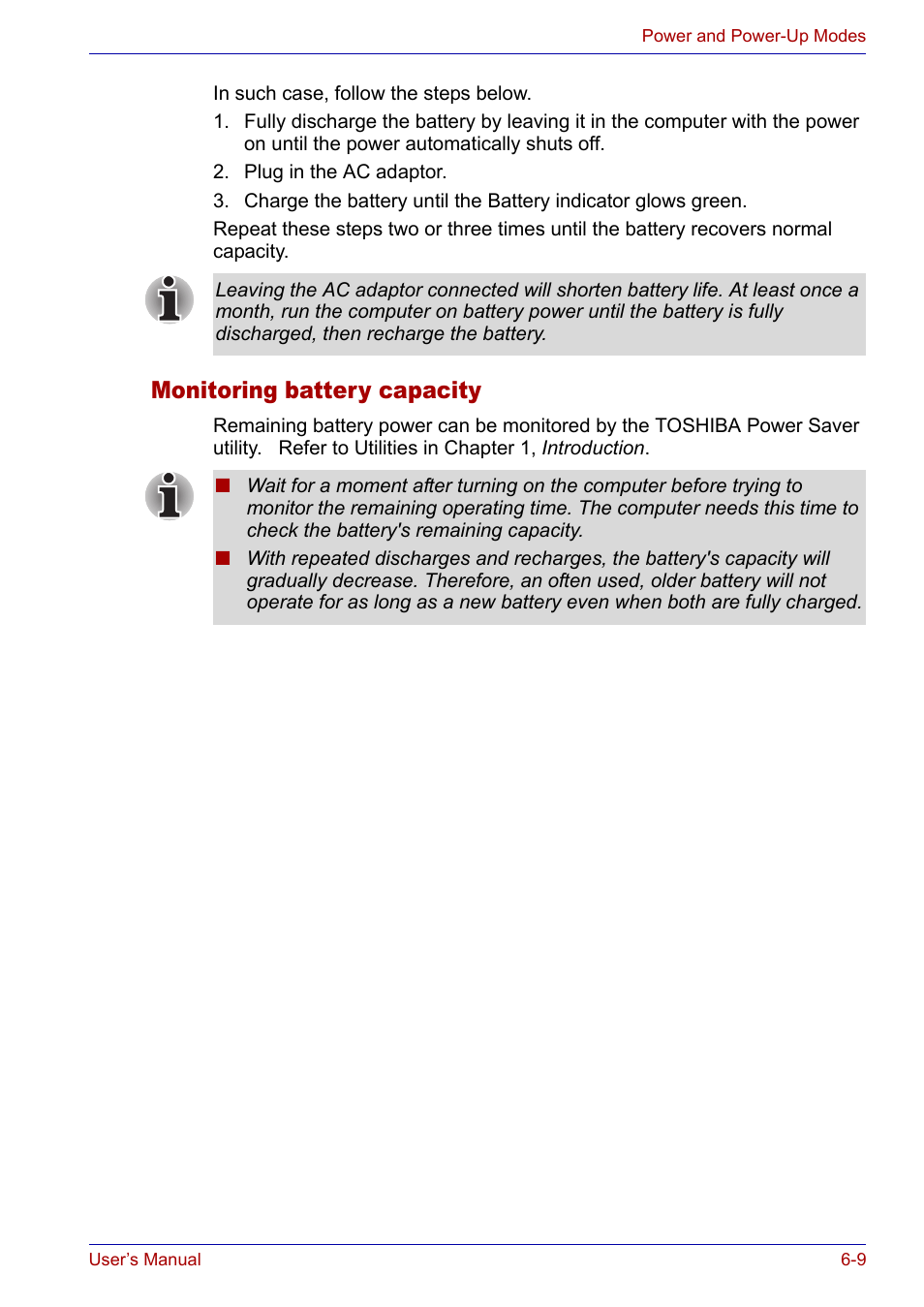 Monitoring battery capacity, Monitoring battery capacity -9 | Toshiba Satellite P30 User Manual | Page 109 / 165