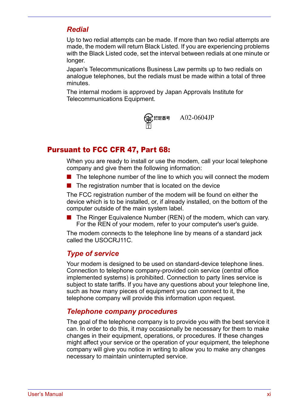 Pursuant to fcc cfr 47, part 68 | Toshiba Satellite P30 User Manual | Page 11 / 165