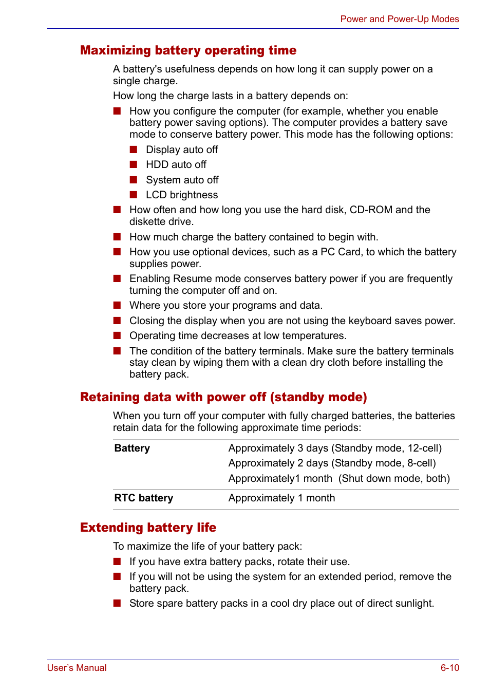 Maximizing battery operating time, Retaining data with power off (standby mode), Extending battery life | Toshiba Satellite P30 User Manual | Page 110 / 165