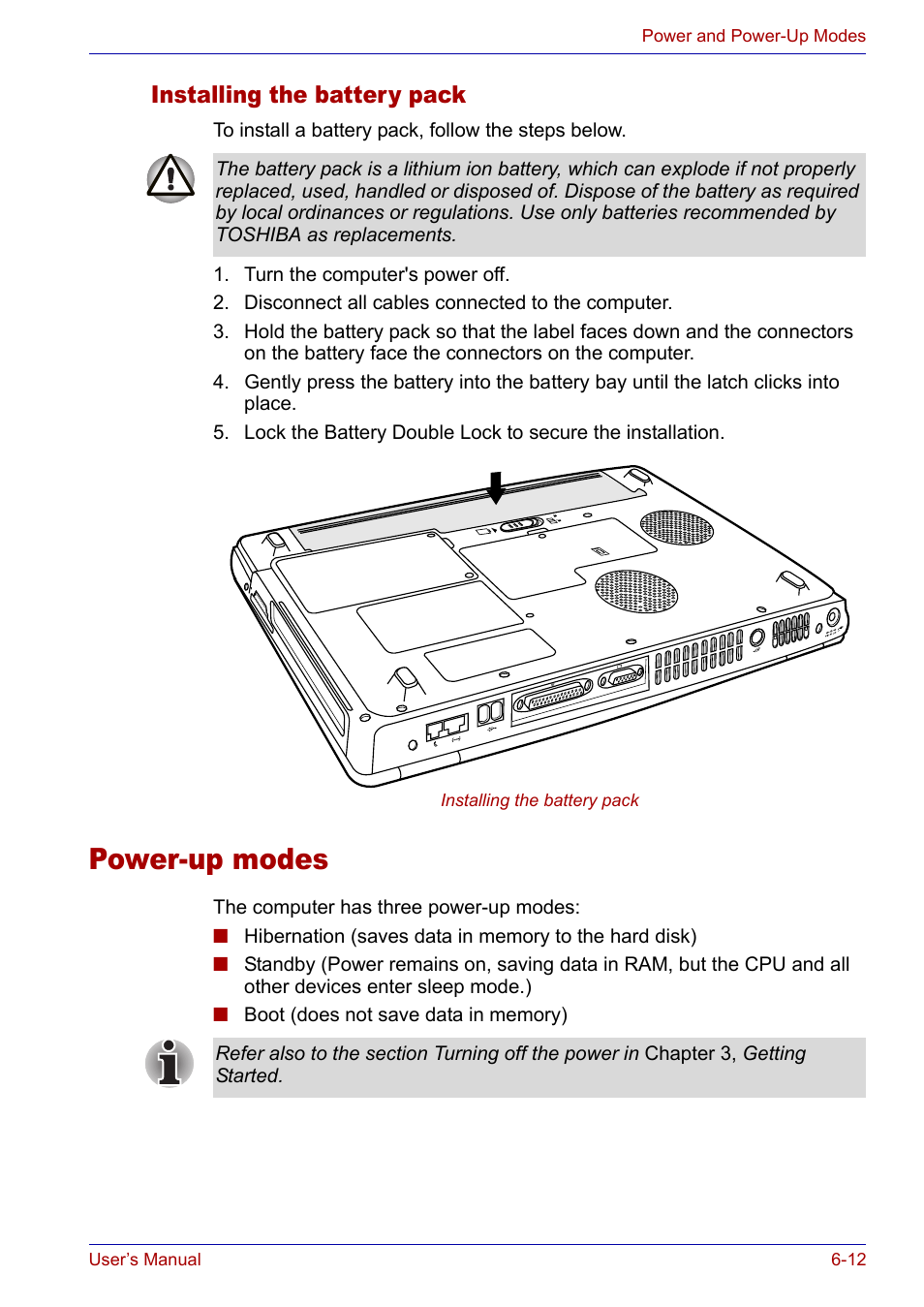 Installing the battery pack, Power-up modes, Installing the battery pack -12 | Power-up modes -12 | Toshiba Satellite P30 User Manual | Page 112 / 165