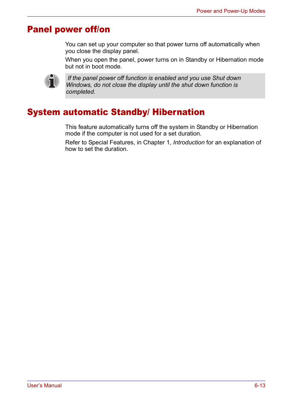 Panel power off/on, System automatic standby/ hibernation | Toshiba Satellite P30 User Manual | Page 113 / 165