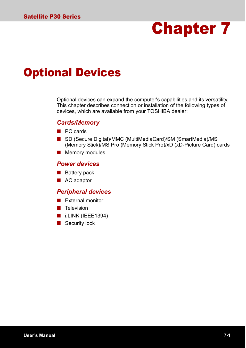 Chapter 7 optional devices, Chapter 7, Optional devices | Chapter 7, optional devices | Toshiba Satellite P30 User Manual | Page 114 / 165