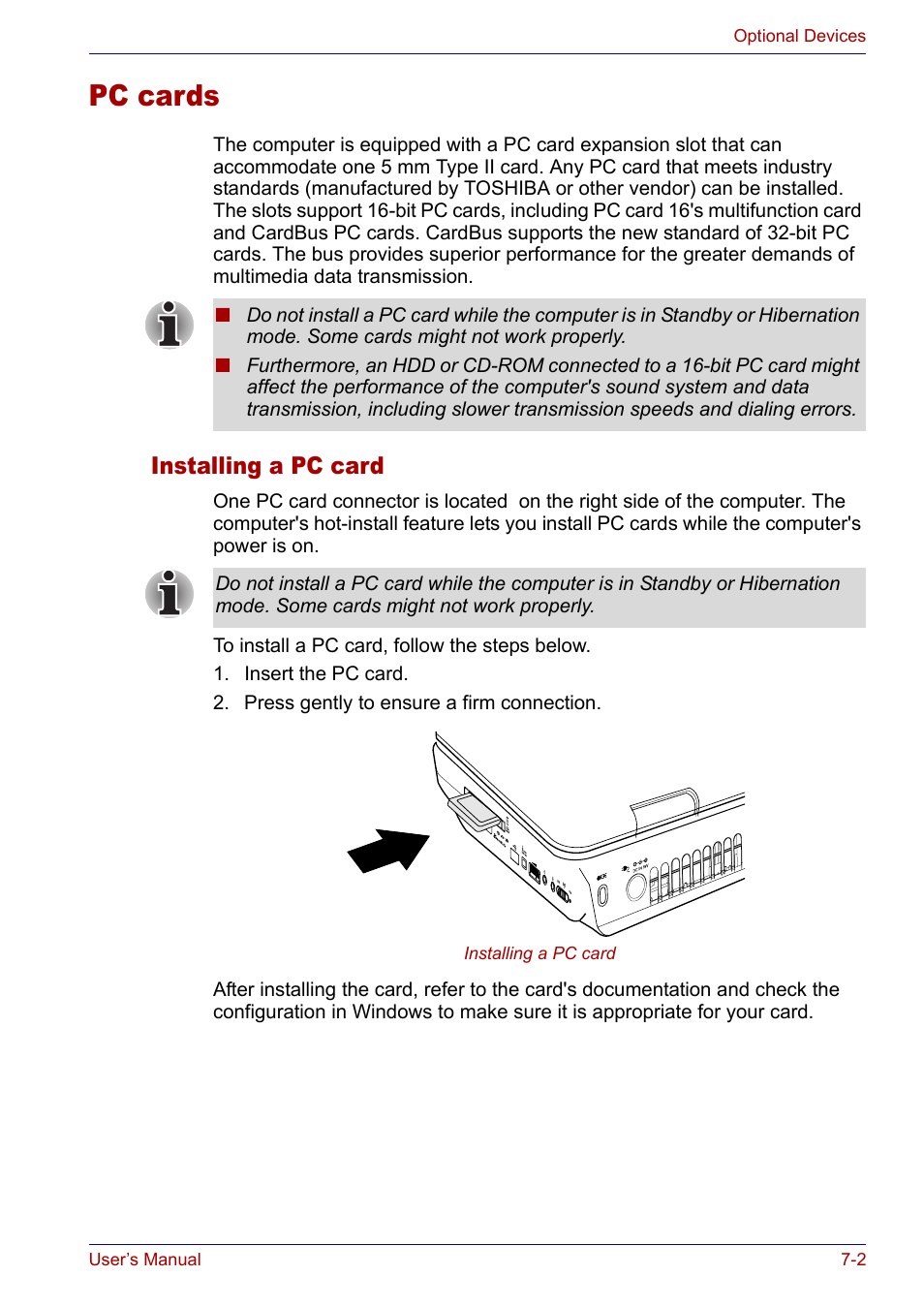Pc cards, Installing a pc card, Pc cards -2 | Installing a pc card -2 | Toshiba Satellite P30 User Manual | Page 115 / 165