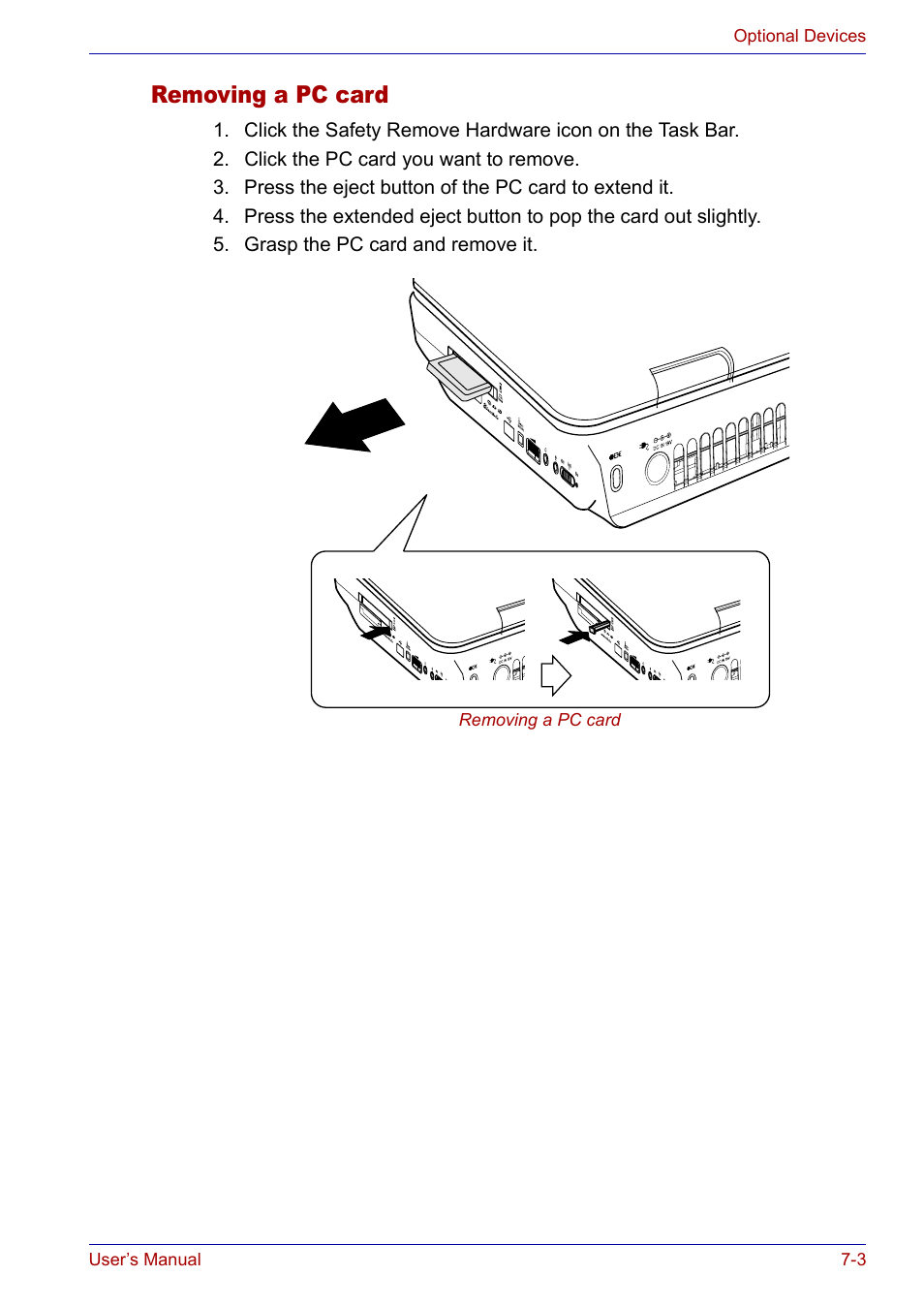 Removing a pc card, Removing a pc card -3 | Toshiba Satellite P30 User Manual | Page 116 / 165