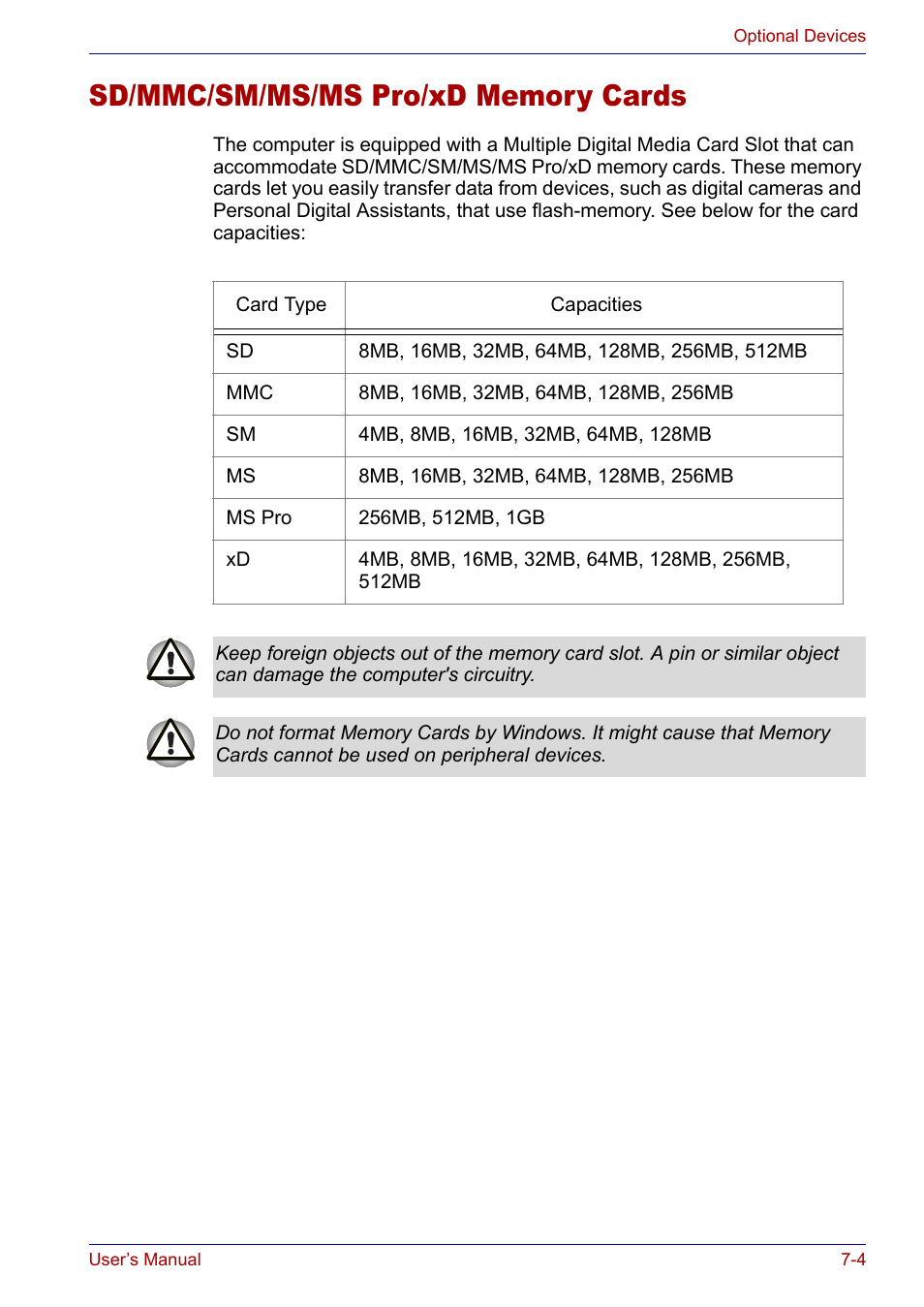 Sd/mmc/sm/ms/ms pro/xd memory cards, Sd/mmc/sm/ms/ms pro/xd memory cards -4 | Toshiba Satellite P30 User Manual | Page 117 / 165