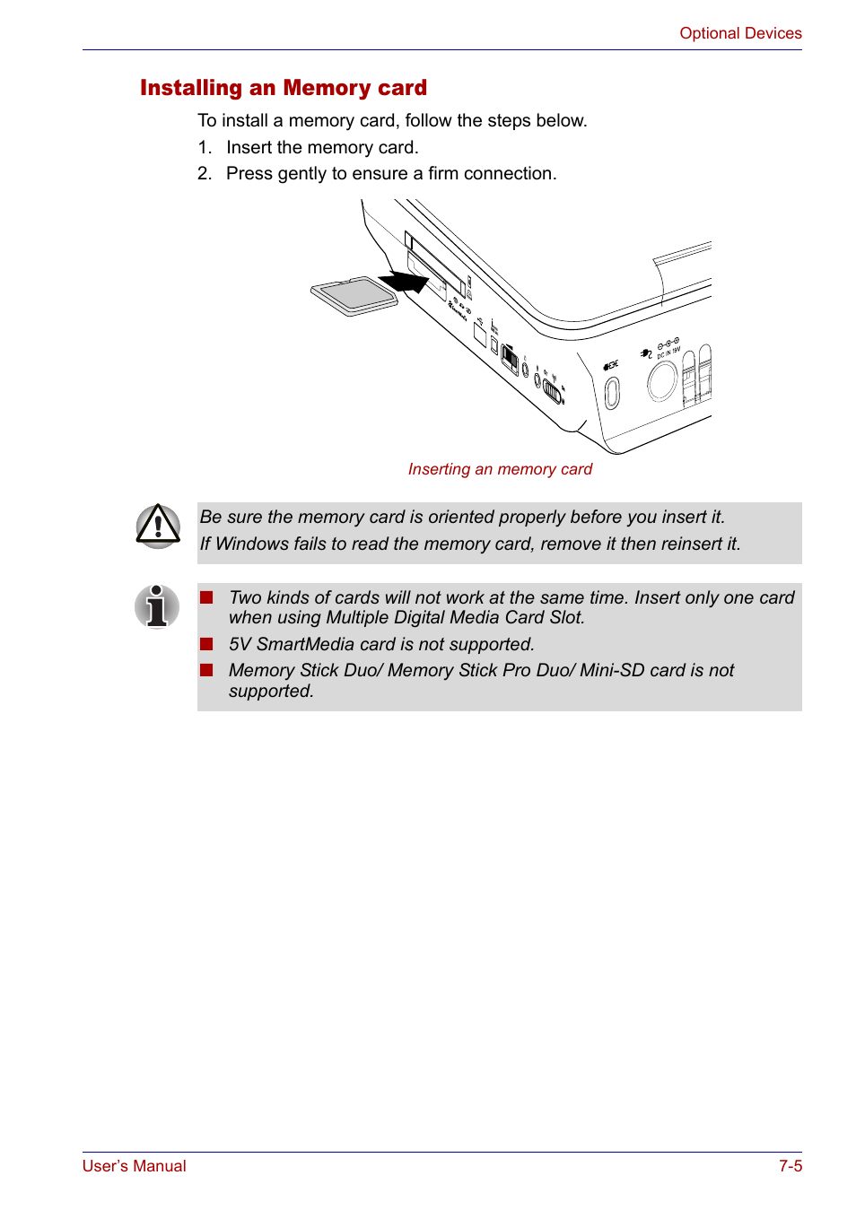 Installing an memory card, Installing an memory card -5 | Toshiba Satellite P30 User Manual | Page 118 / 165