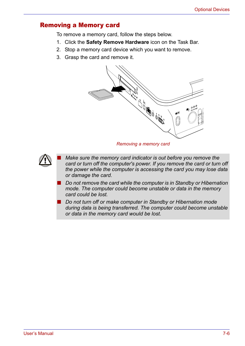 Removing a memory card, Removing a memory card -6 | Toshiba Satellite P30 User Manual | Page 119 / 165