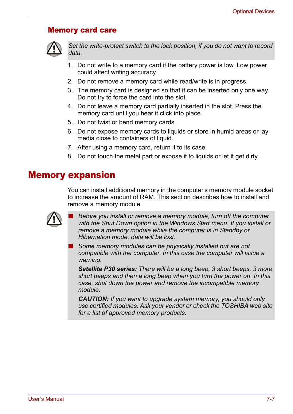 Memory card care, Memory expansion, Memory card care -7 | Memory expansion -7 | Toshiba Satellite P30 User Manual | Page 120 / 165