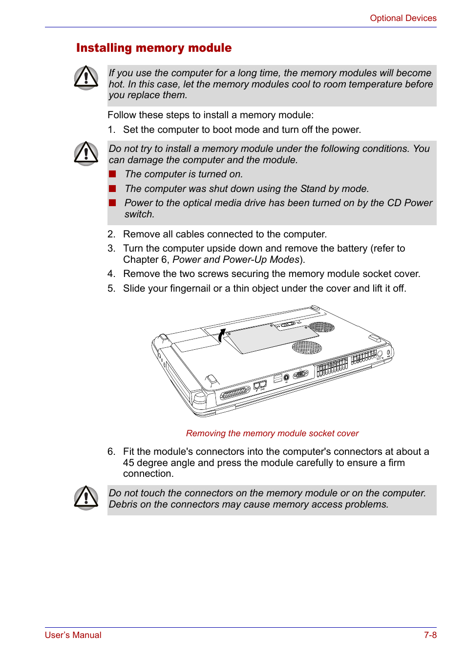 Installing memory module, Installing memory module -8 | Toshiba Satellite P30 User Manual | Page 121 / 165