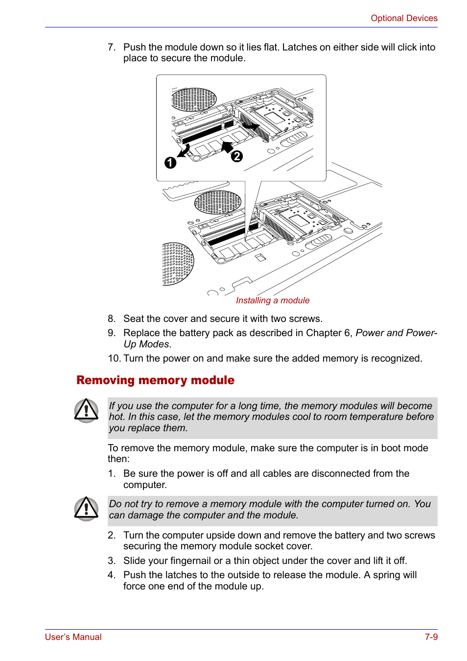 Removing memory module, Removing memory module -9 | Toshiba Satellite P30 User Manual | Page 122 / 165