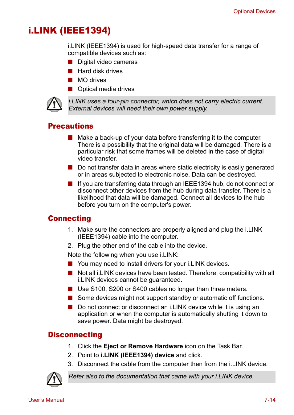 I.link (ieee1394), Precautions, Connecting | Disconnecting, I.link (ieee1394) -14, Precautions -14 connecting -14 disconnecting -14 | Toshiba Satellite P30 User Manual | Page 127 / 165