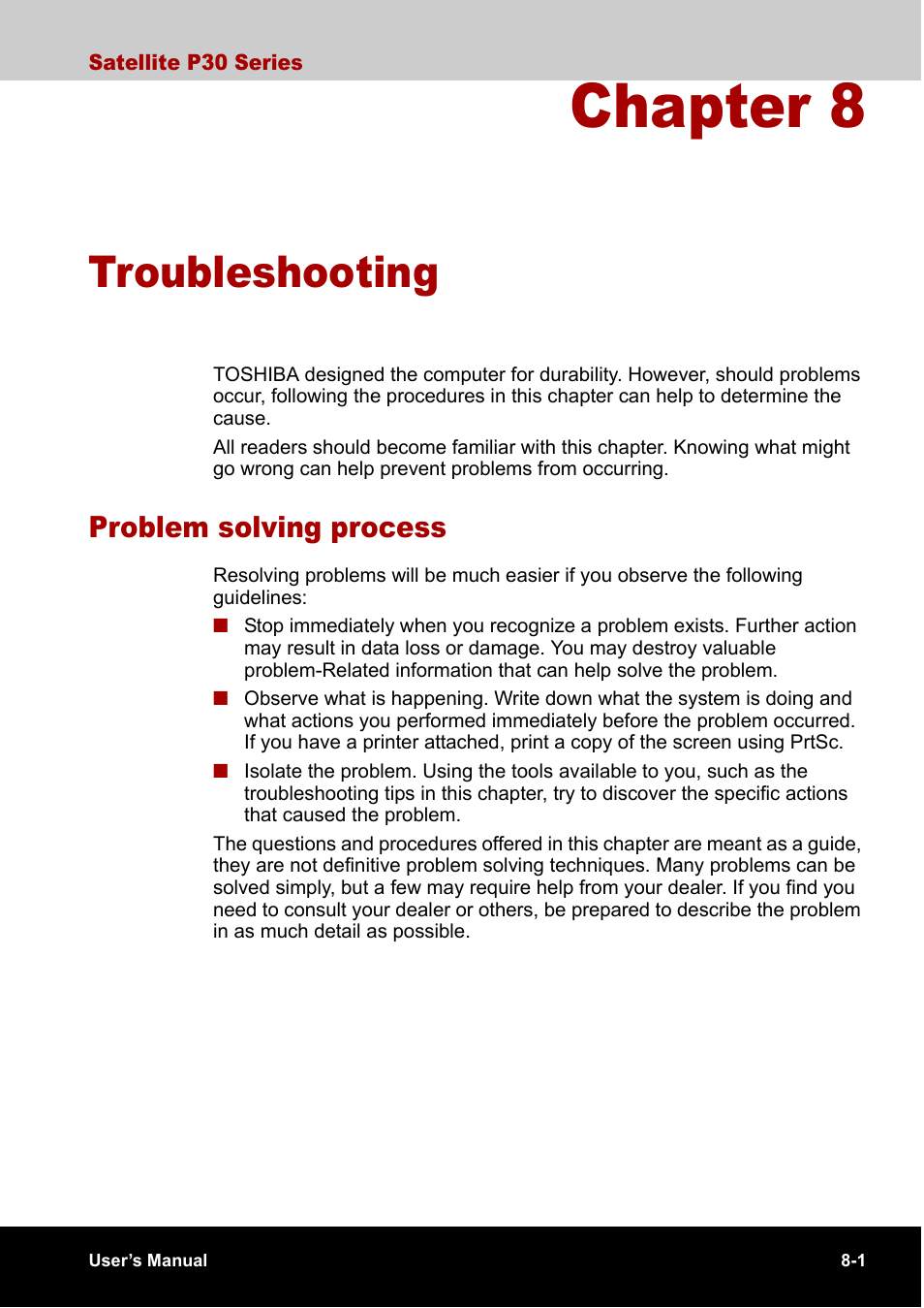 Chapter 8 troubleshooting, Problem solving process, Chapter 8 | Troubleshooting, Problem solving process -1, Chapter 8, troubleshooting , provi | Toshiba Satellite P30 User Manual | Page 129 / 165