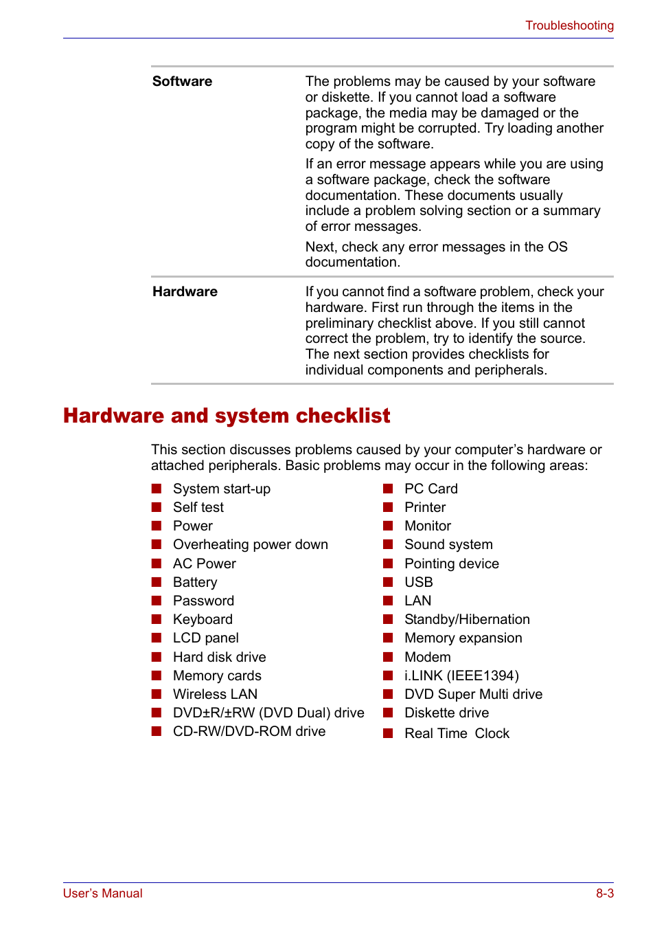 Hardware and system checklist, Hardware and system checklist -3 | Toshiba Satellite P30 User Manual | Page 131 / 165