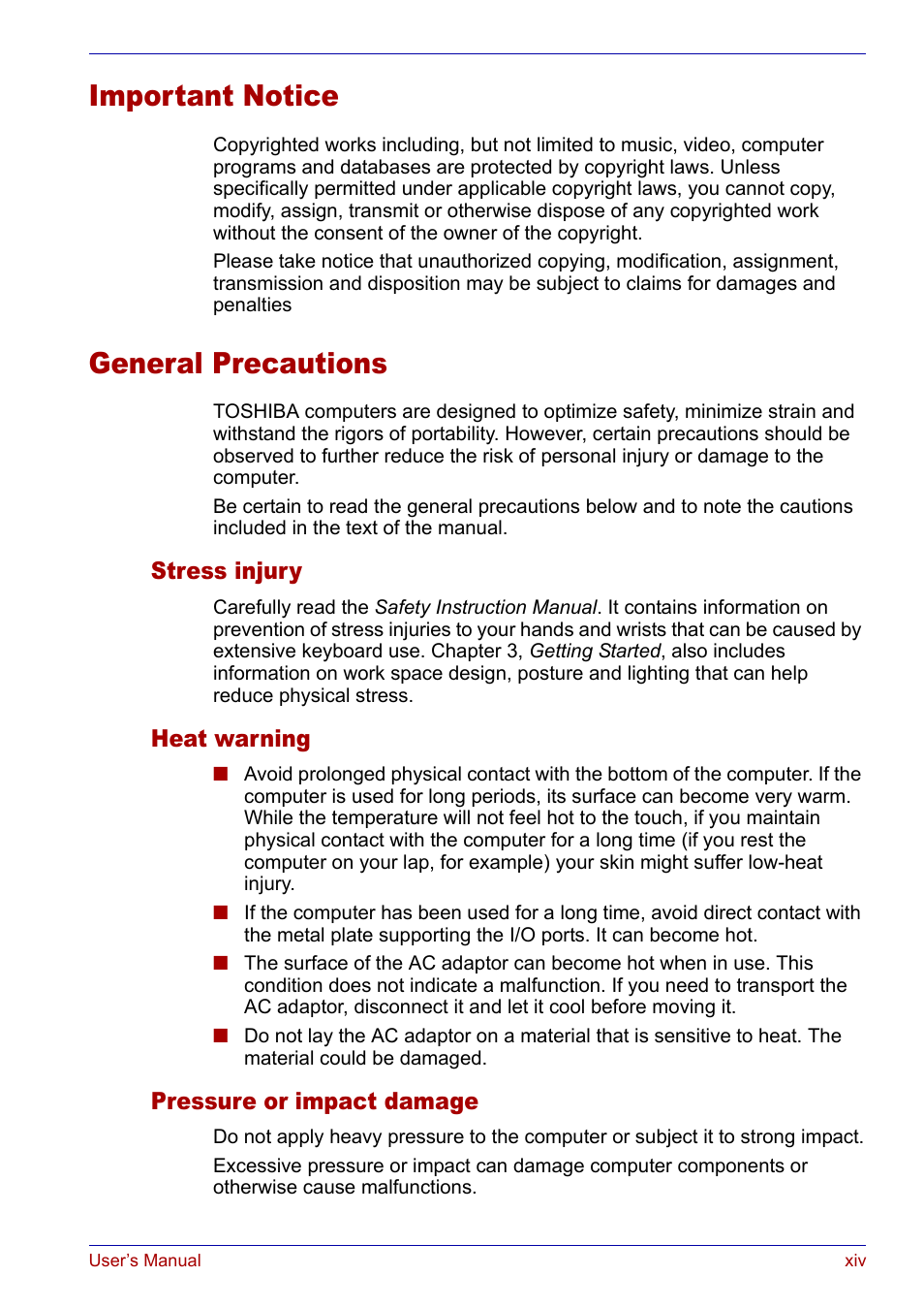 Important notice, General precautions | Toshiba Satellite P30 User Manual | Page 14 / 165