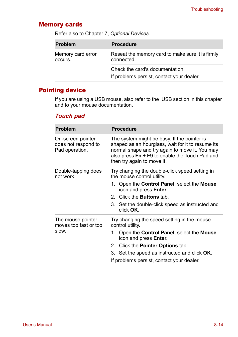 Memory cards, Pointing device, Memory cards -14 pointing device -14 | Toshiba Satellite P30 User Manual | Page 142 / 165
