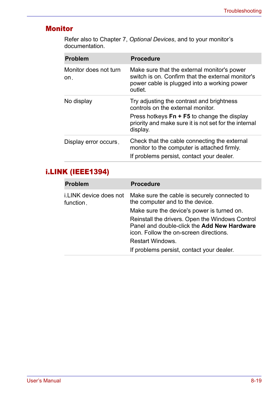 Monitor, I.link (ieee1394), Monitor -19 i.link (ieee1394) -19 | Toshiba Satellite P30 User Manual | Page 147 / 165