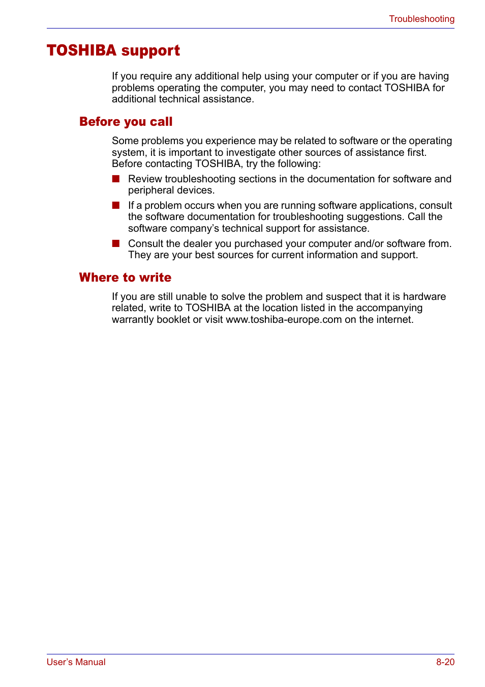 Toshiba support, Before you call, Where to write | Toshiba support -20, Before you call -20 where to write -20 | Toshiba Satellite P30 User Manual | Page 148 / 165