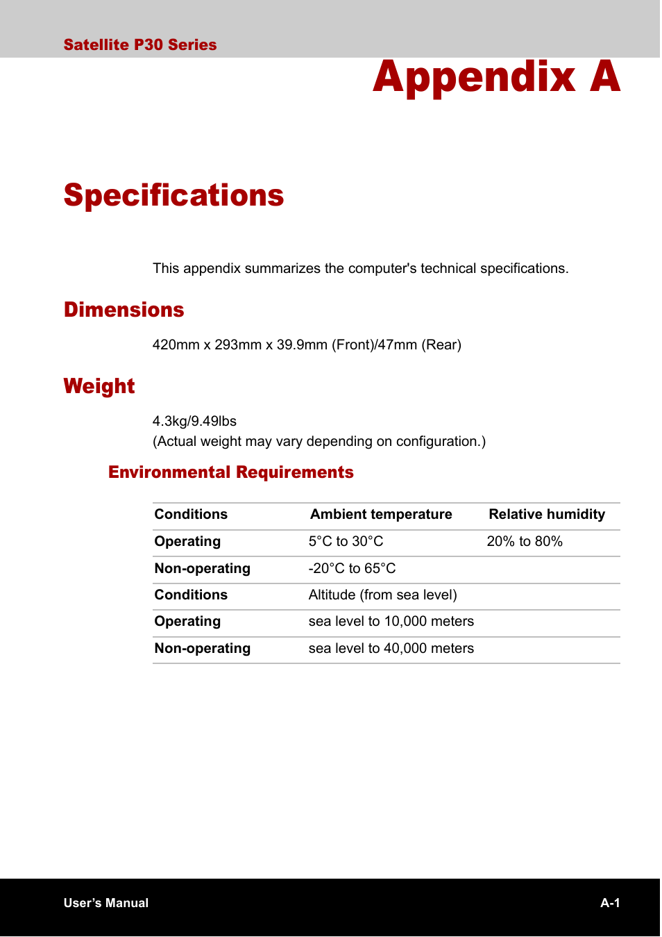 Appendix a specifications, Appendix a, Specifications | Dimensions, Weight | Toshiba Satellite P30 User Manual | Page 149 / 165