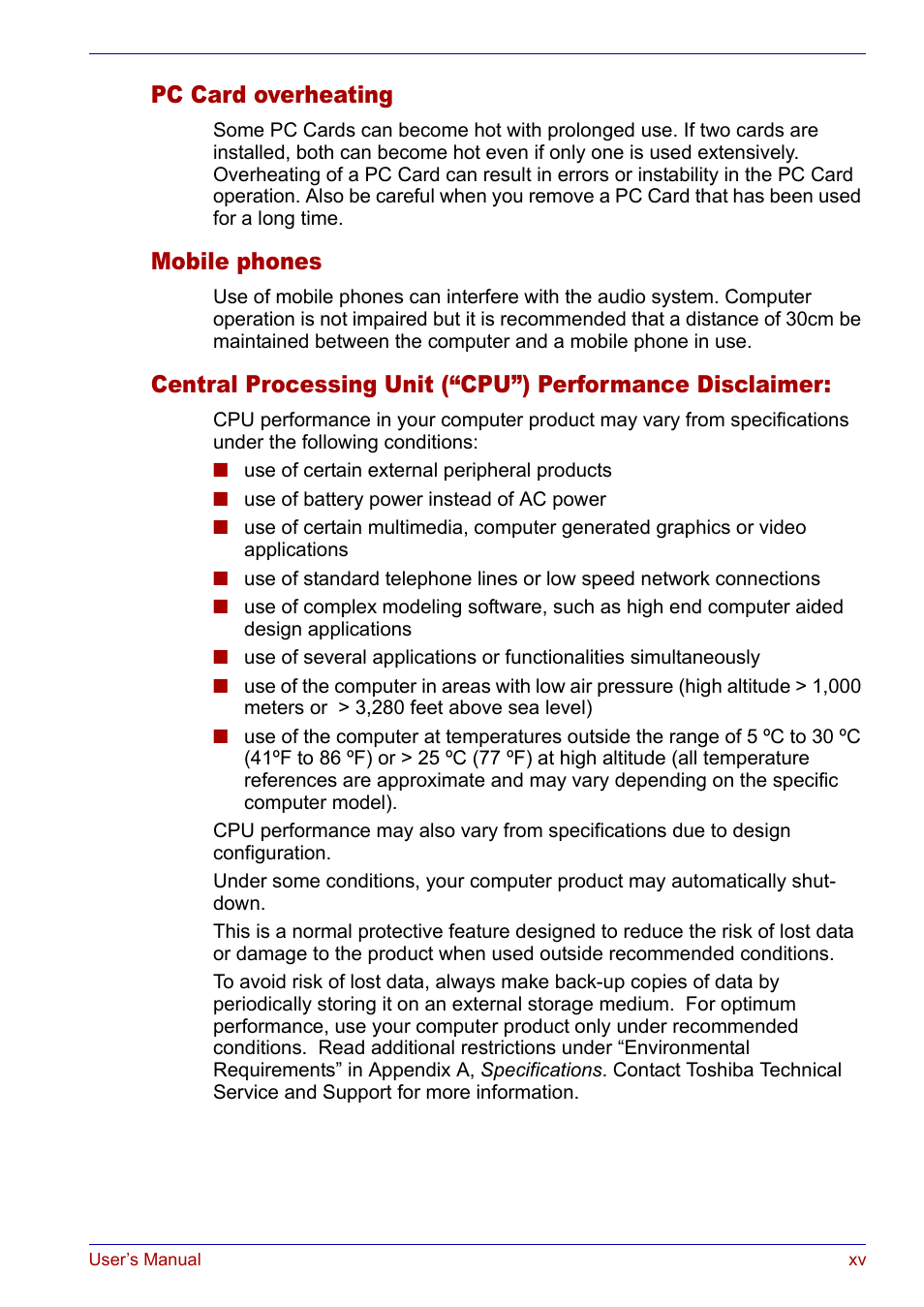 Pc card overheating, Mobile phones | Toshiba Satellite P30 User Manual | Page 15 / 165