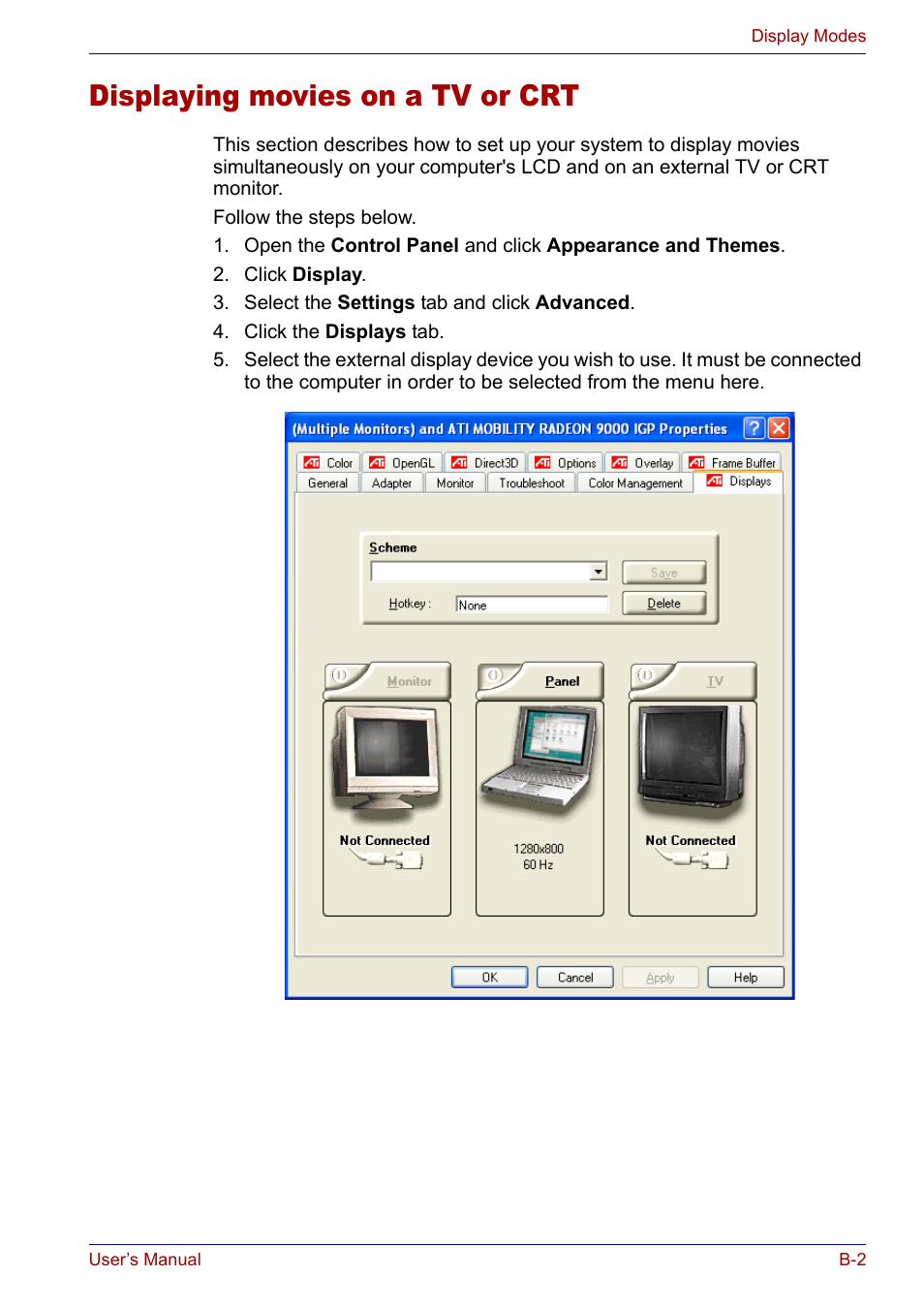 Displaying movies on a tv or crt | Toshiba Satellite P30 User Manual | Page 152 / 165