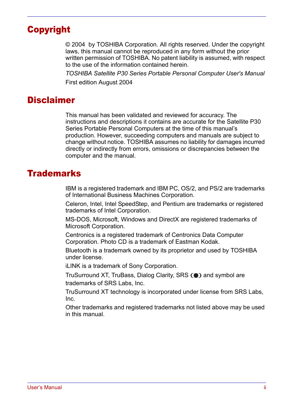 Copyright, Disclaimer, Trademarks | Toshiba Satellite P30 User Manual | Page 2 / 165