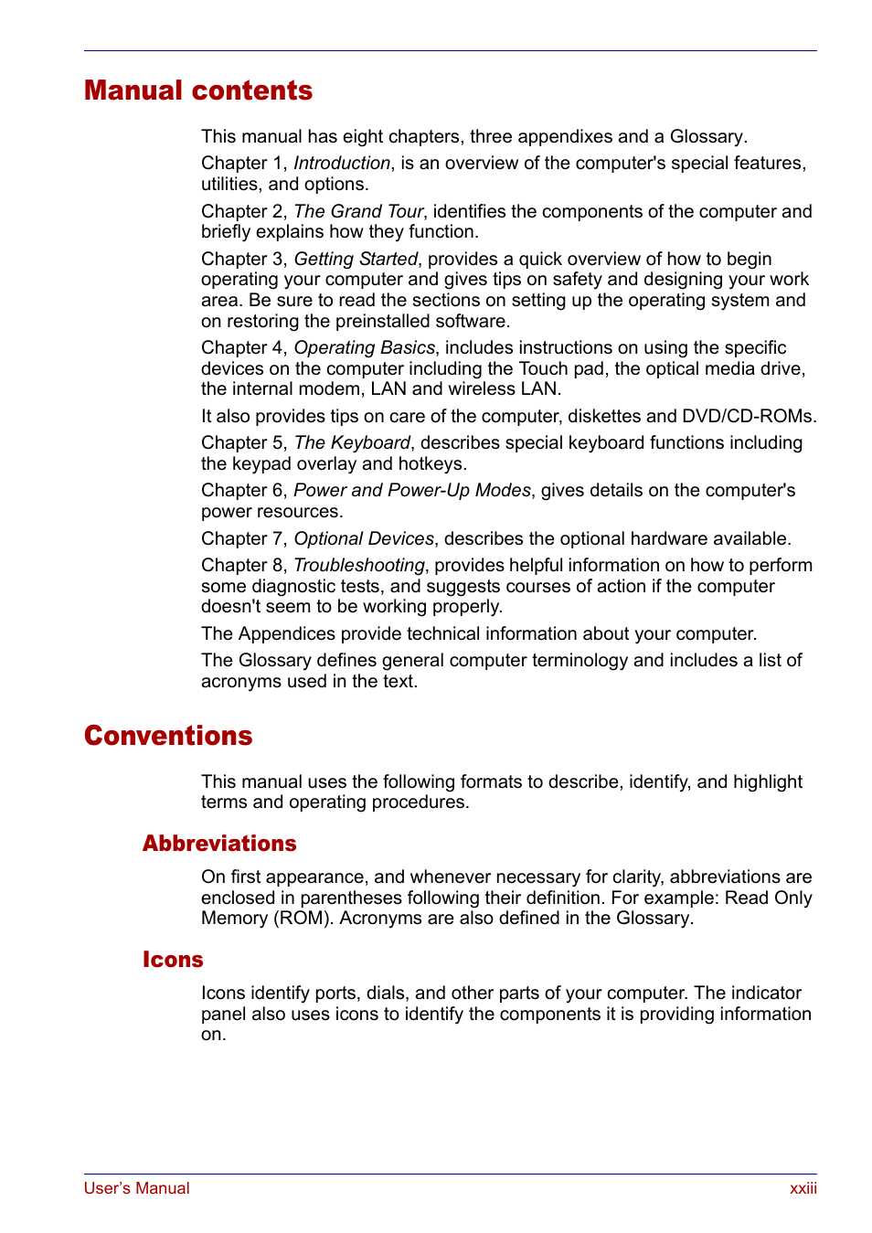 Manual contents, Conventions | Toshiba Satellite P30 User Manual | Page 23 / 165