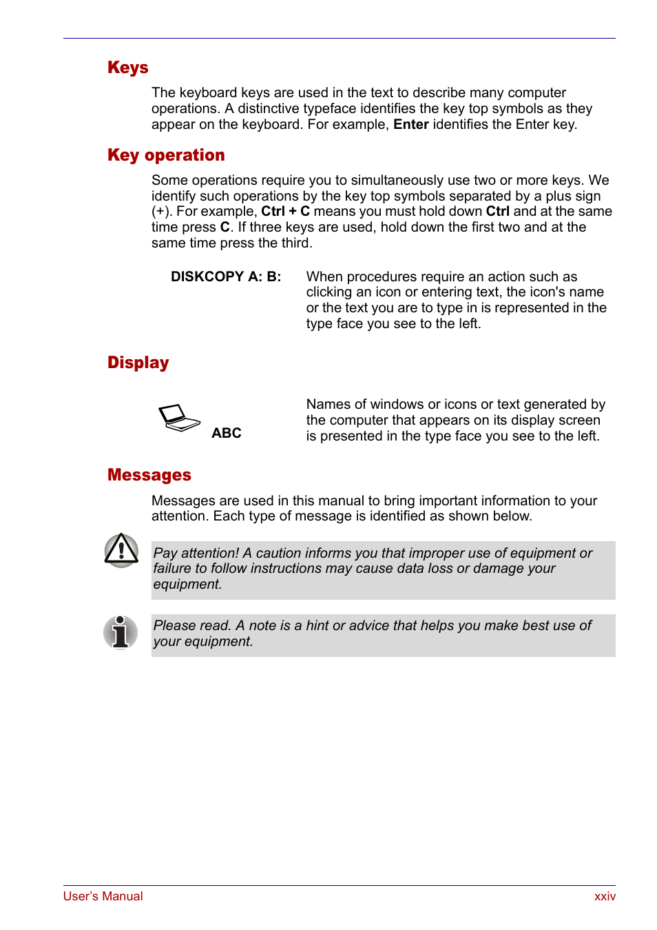 Display, Messages, Keys | Key operation, Display messages | Toshiba Satellite P30 User Manual | Page 24 / 165