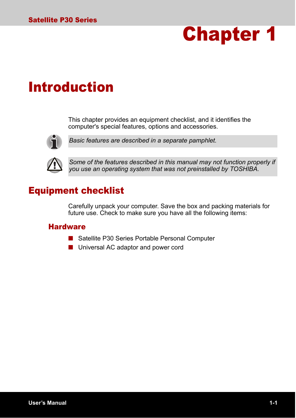 Chapter 1 introduction, Equipment checklist, Hardware | Chapter 1, Introduction, Equipment checklist -1, Hardware -1, Chapter 1, introduction | Toshiba Satellite P30 User Manual | Page 25 / 165