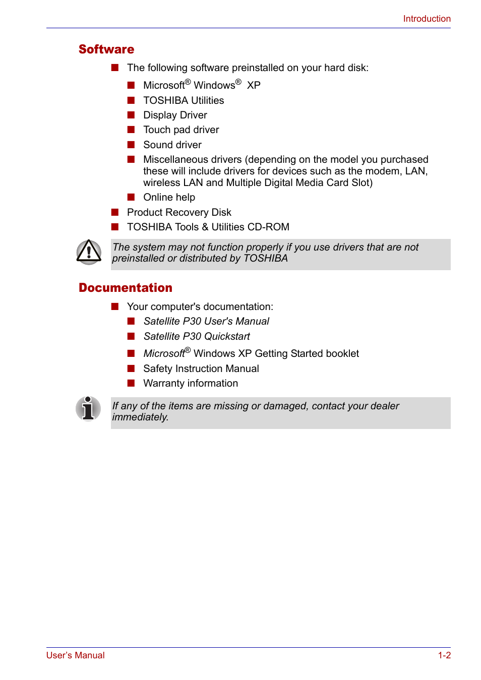 Software, Documentation, Software -2 documentation -2 | Toshiba Satellite P30 User Manual | Page 26 / 165