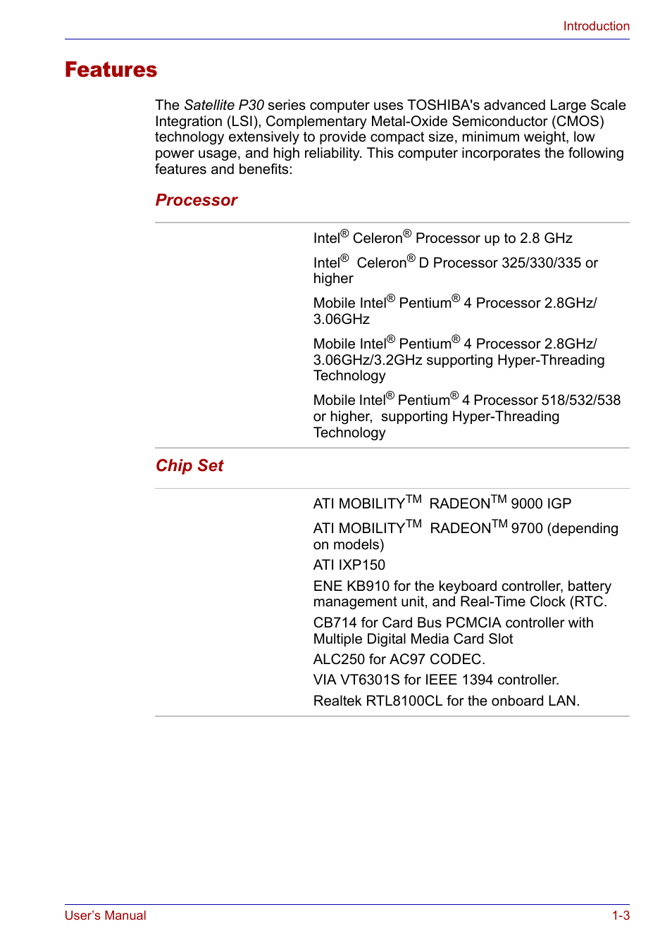 Features, Features -3, Processor chip set | Toshiba Satellite P30 User Manual | Page 27 / 165