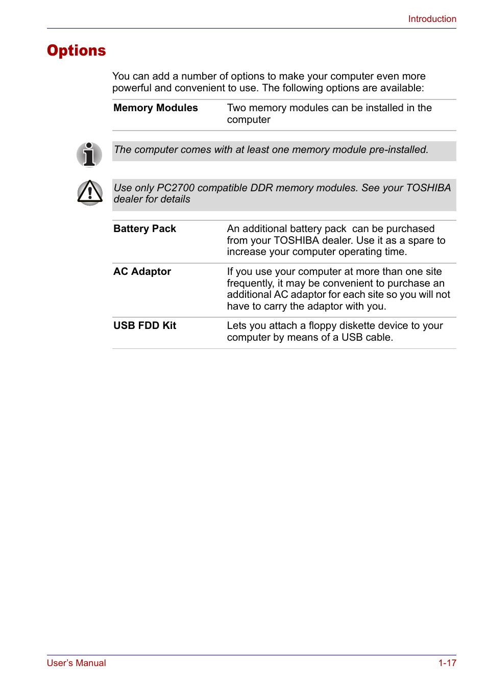 Options, Options -17 | Toshiba Satellite P30 User Manual | Page 41 / 165
