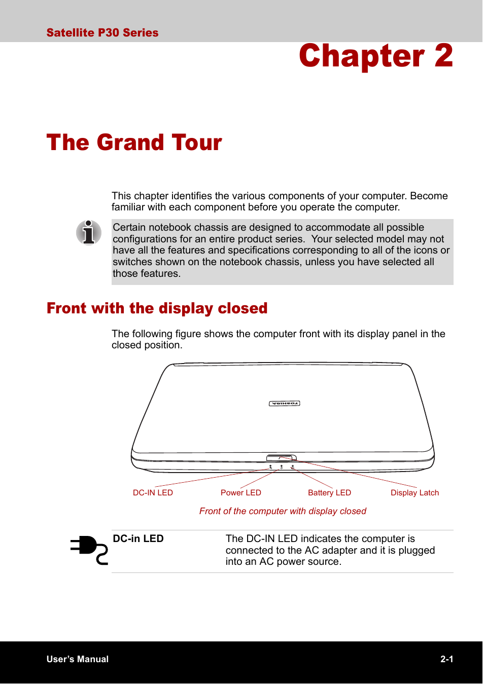 Chapter 2 the grand tour, Front with the display closed, Chapter 2 | The grand tour, Front with the display closed -1, Chapter 2, the grand tour , id | Toshiba Satellite P30 User Manual | Page 42 / 165