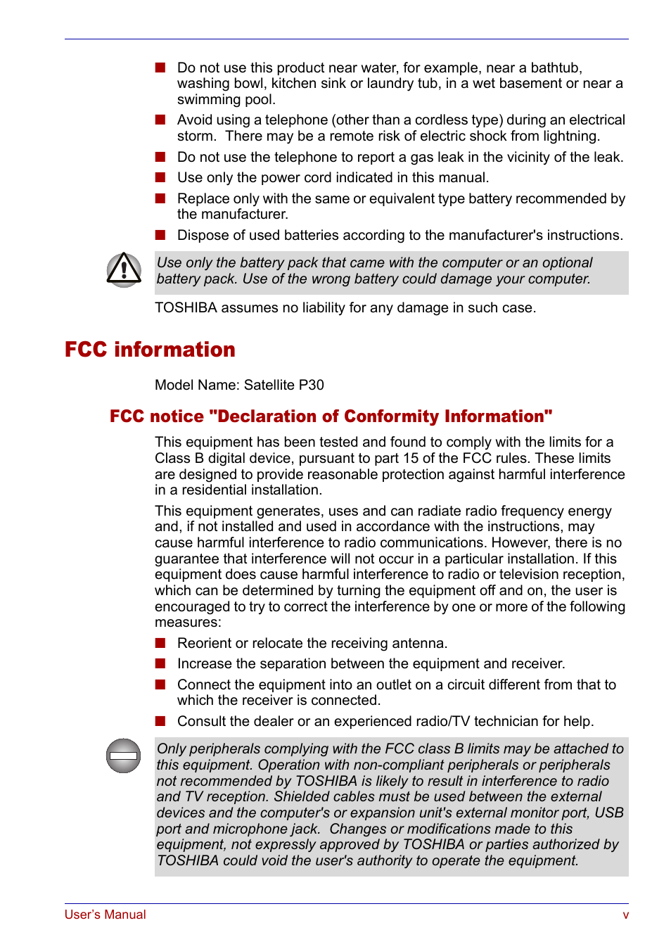 Fcc information, Fcc notice "declaration of conformity information | Toshiba Satellite P30 User Manual | Page 5 / 165