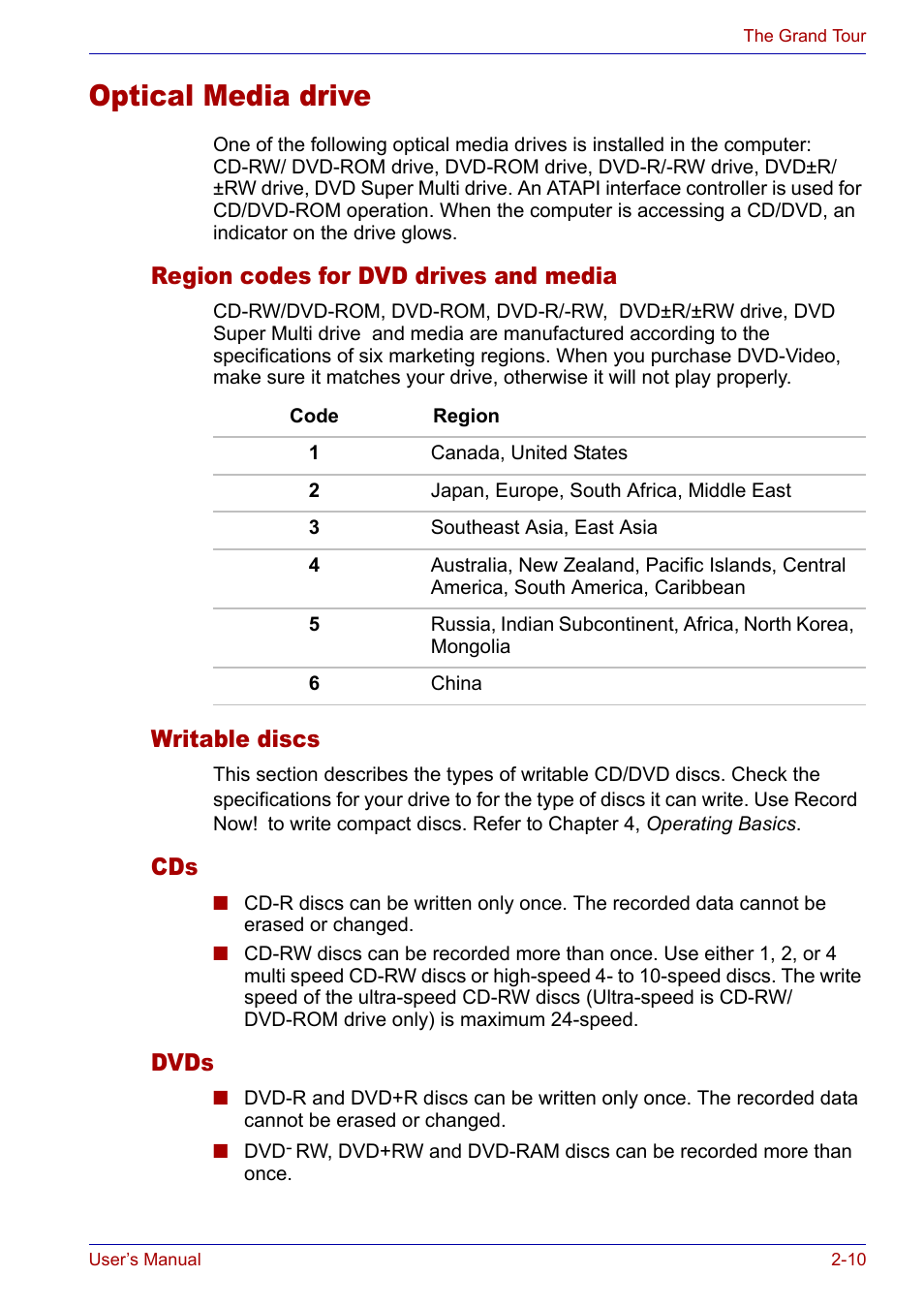 Optical media drive, Region codes for dvd drives and media, Writable discs | Dvds, Optical media drive -10 | Toshiba Satellite P30 User Manual | Page 51 / 165