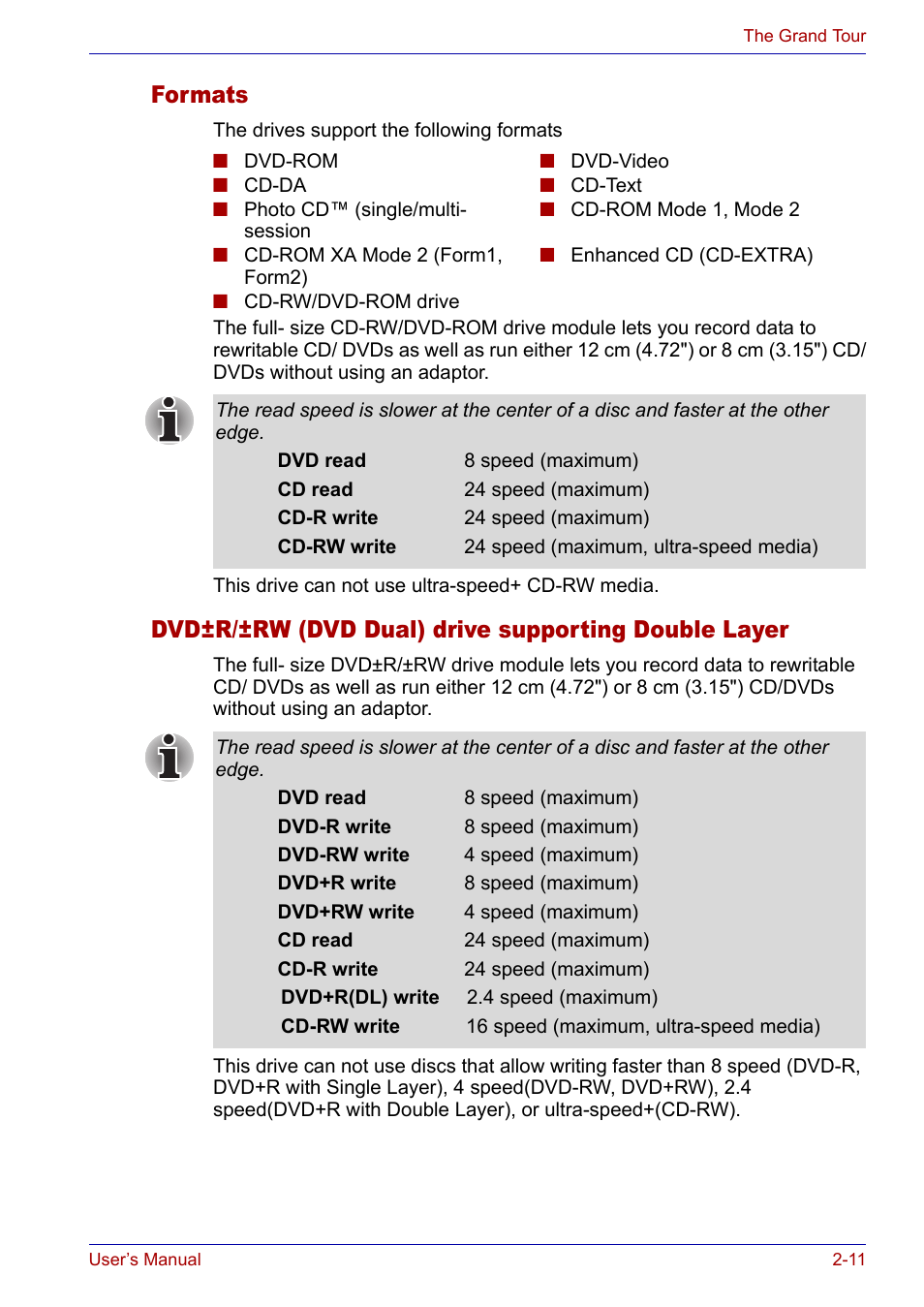 Formats, Dvd±r/±rw (dvd dual) drive supporting double layer | Toshiba Satellite P30 User Manual | Page 52 / 165