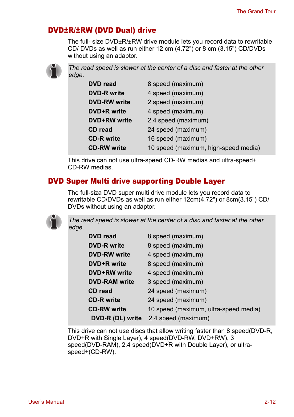 Dvd±r/±rw (dvd dual) drive, Dvd super multi drive supporting double layer | Toshiba Satellite P30 User Manual | Page 53 / 165