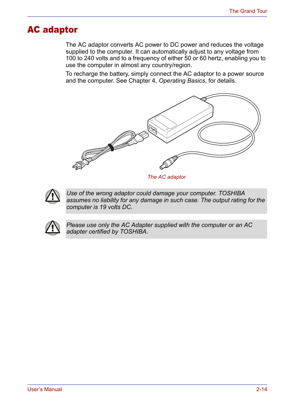 Ac adaptor, Ac adaptor -14 | Toshiba Satellite P30 User Manual | Page 55 / 165